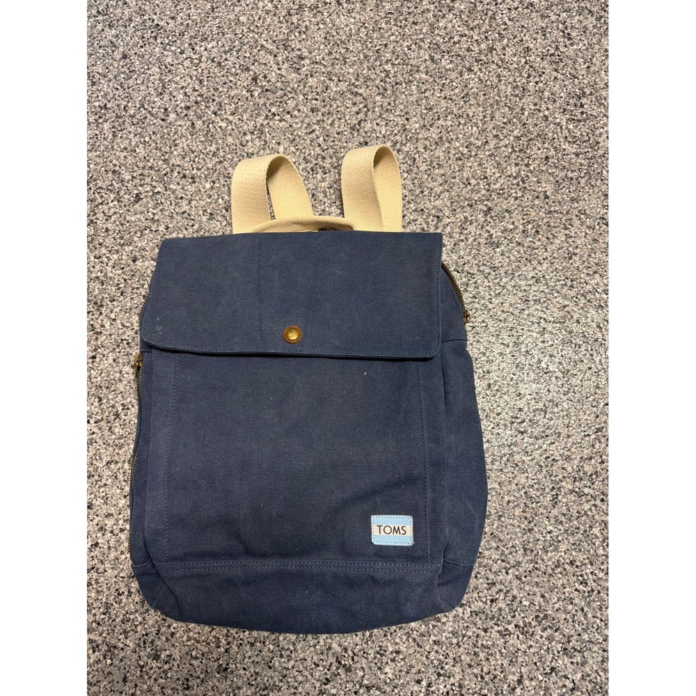 TOMS Navy Blue Canvas Backpack Adjustable Straps Brass Hardware Carpe Diem